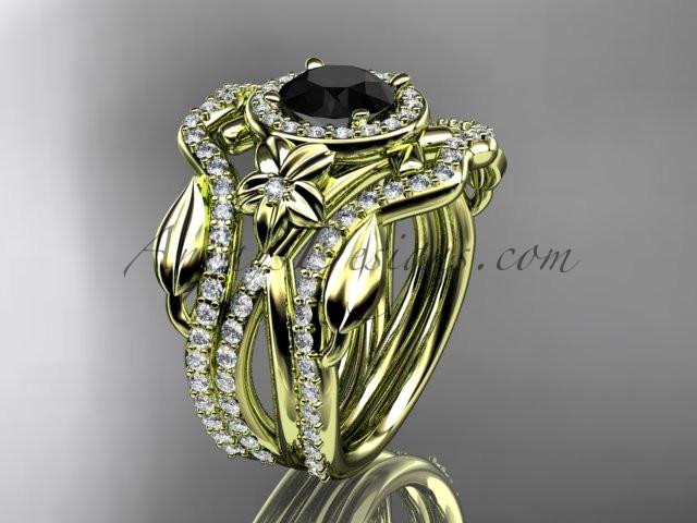 14kt yellow gold diamond leaf and vine, flower engagement ring, wedding ring,  with  Black Diamond center stone and double matching band ADLR89S - AnjaysDesigns