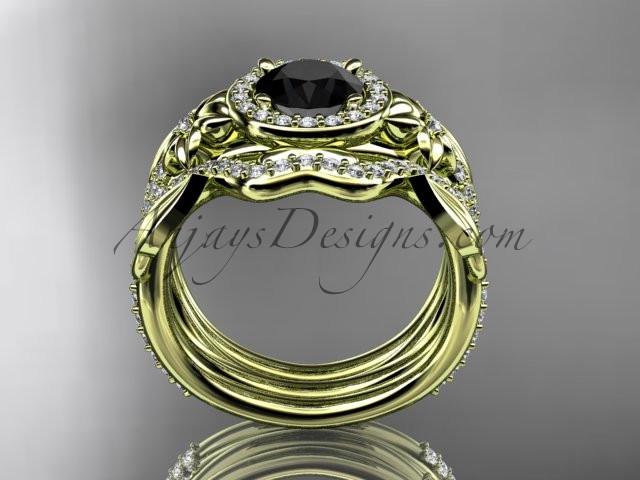 14kt yellow gold diamond leaf and vine, flower engagement ring, wedding ring,  with  Black Diamond center stone and double matching band ADLR89S - AnjaysDesigns