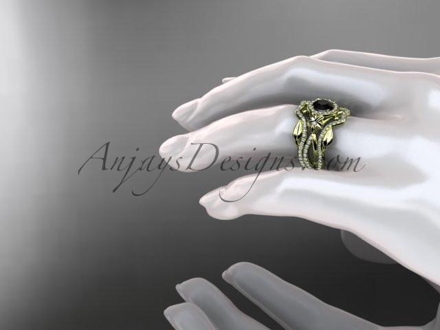 14kt yellow gold diamond leaf and vine, flower engagement ring, wedding ring,  with  Black Diamond center stone and double matching band ADLR89S - AnjaysDesigns