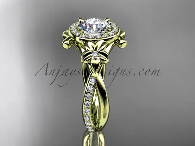 14kt yellow gold diamond leaf and vine wedding ring, engagement ring with a "Forever One" Moissanite center stone ADLR89 - AnjaysDesigns