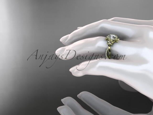 14kt yellow gold diamond leaf and vine wedding ring, engagement ring with a "Forever One" Moissanite center stone ADLR89 - AnjaysDesigns