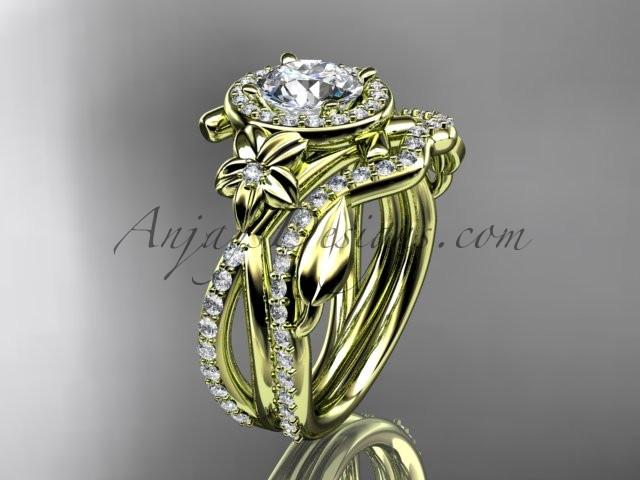 14kt yellow gold diamond leaf and vine, flower engagement set, wedding set, with a "Forever One" Moissanite center stone ADLR89S - AnjaysDesigns