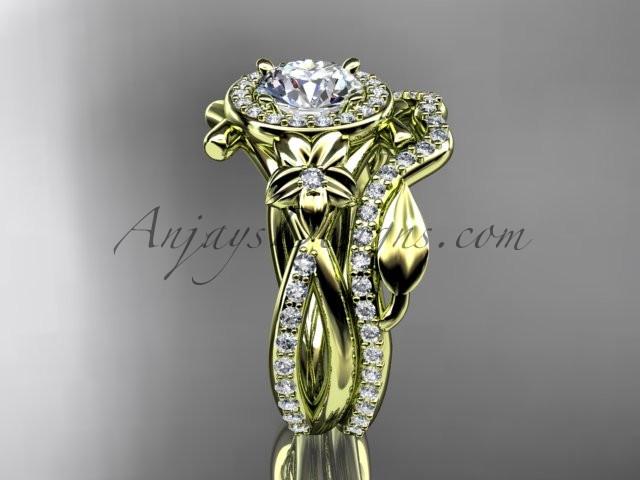 14kt yellow gold diamond leaf and vine, flower engagement set, wedding set, with a "Forever One" Moissanite center stone ADLR89S - AnjaysDesigns