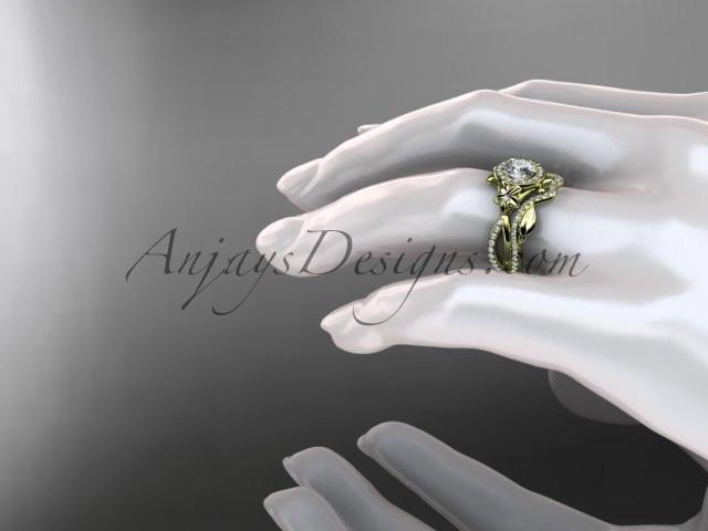 14kt yellow gold diamond leaf and vine, flower engagement set, wedding set, with a "Forever One" Moissanite center stone ADLR89S - AnjaysDesigns