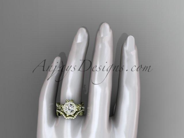 14kt yellow gold diamond leaf and vine, flower engagement set, wedding set, with a "Forever One" Moissanite center stone ADLR89S - AnjaysDesigns
