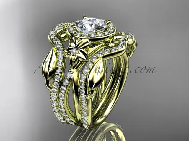 14kt yellow gold diamond leaf and vine, flower engagement ring, wedding ring, with "Forever One" Moissanite center stone and double matching band ADLR89S - AnjaysDesigns