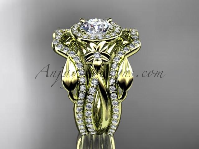 14kt yellow gold diamond leaf and vine, flower engagement ring, wedding ring, with "Forever One" Moissanite center stone and double matching band ADLR89S - AnjaysDesigns