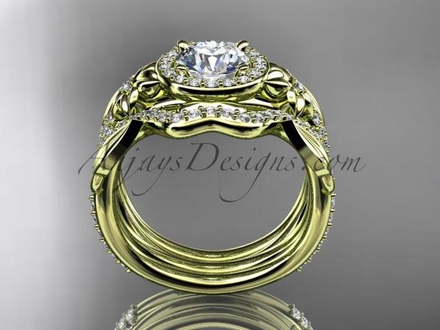 14kt yellow gold diamond leaf and vine, flower engagement ring, wedding ring, with "Forever One" Moissanite center stone and double matching band ADLR89S - AnjaysDesigns
