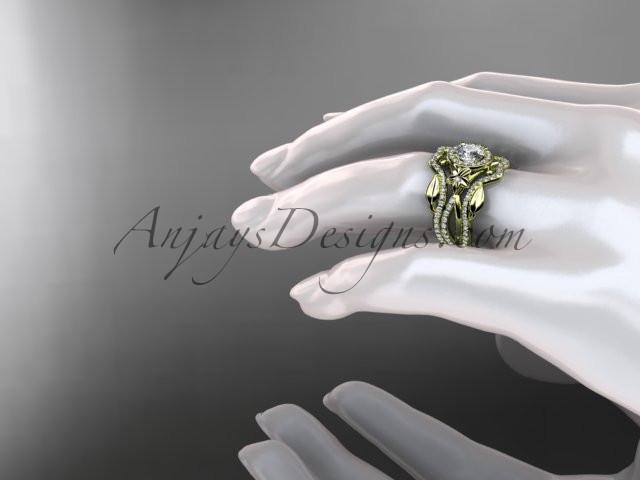 14kt yellow gold diamond leaf and vine, flower engagement ring, wedding ring,  with double matching band  ADLR89S - AnjaysDesigns