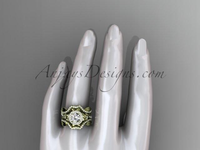 14kt yellow gold diamond leaf and vine, flower engagement ring, wedding ring, with "Forever One" Moissanite center stone and double matching band ADLR89S - AnjaysDesigns