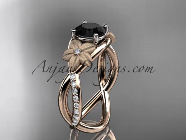 14kt rose gold diamond leaf and vine wedding ring, engagement ring with a Black Diamond stone ADLR90 - AnjaysDesigns