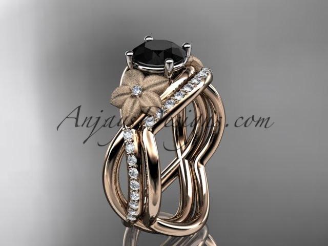 14k rose gold diamond leaf and vine wedding ring, engagement set with a Black Diamond center stone ADLR90S - AnjaysDesigns, Black Diamond Engagement Sets - Jewelry, Anjays Designs - AnjaysDesigns, AnjaysDesigns - AnjaysDesigns.co, 