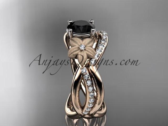 14k rose gold diamond leaf and vine wedding ring, engagement set with a Black Diamond center stone ADLR90S - AnjaysDesigns, Black Diamond Engagement Sets - Jewelry, Anjays Designs - AnjaysDesigns, AnjaysDesigns - AnjaysDesigns.co, 