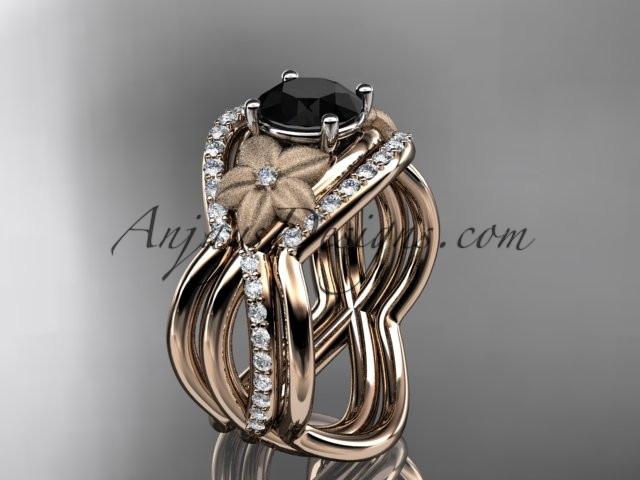 14kt rose gold diamond leaf and vine wedding ring, engagement ring with Black Diamond center stone and double matching band ADLR90S - AnjaysDesigns