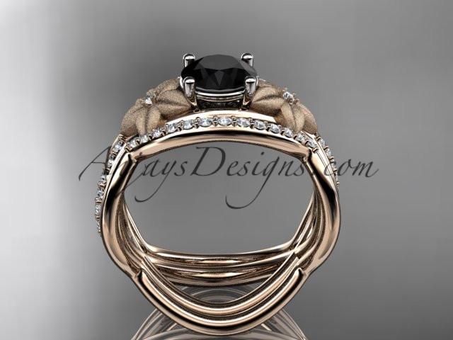 14kt rose gold diamond leaf and vine wedding ring, engagement ring with Black Diamond center stone and double matching band ADLR90S - AnjaysDesigns