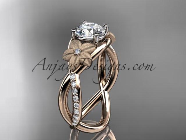 14kt rose gold diamond leaf and vine wedding ring, engagement ring with a "Forever One" Moissanite center stone ADLR90 - AnjaysDesigns