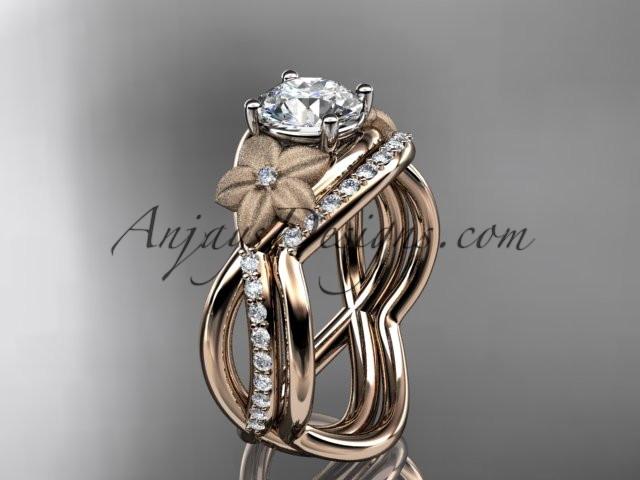14k rose gold diamond leaf and vine wedding ring, engagement set with a "Forever One" Moissanite center stone ADLR90S - AnjaysDesigns, Moissanite Engagement Sets - Jewelry, Anjays Designs - AnjaysDesigns, AnjaysDesigns - AnjaysDesigns.co, 