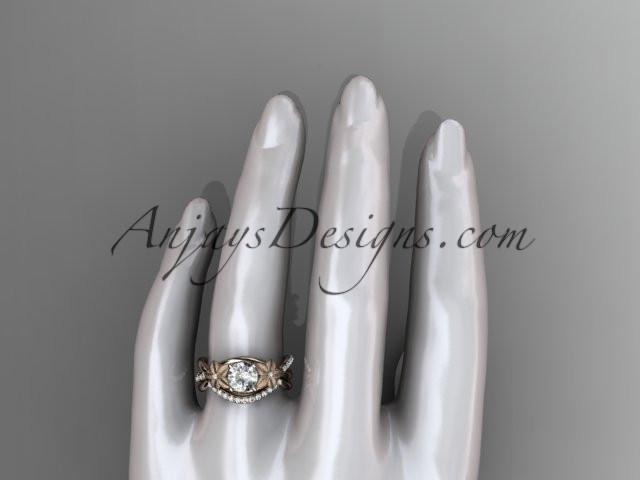 14k rose gold diamond leaf and vine wedding ring, engagement set with a "Forever One" Moissanite center stone ADLR90S - AnjaysDesigns, Moissanite Engagement Sets - Jewelry, Anjays Designs - AnjaysDesigns, AnjaysDesigns - AnjaysDesigns.co, 