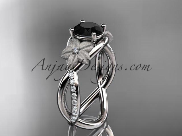 platinum diamond leaf and vine wedding ring, engagement ring with a Black Diamond stone ADLR90 - AnjaysDesigns