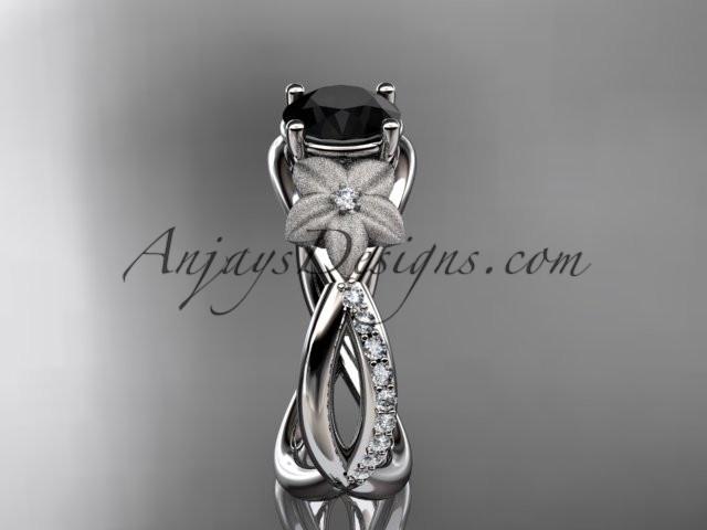 platinum diamond leaf and vine wedding ring, engagement ring with a Black Diamond stone ADLR90 - AnjaysDesigns