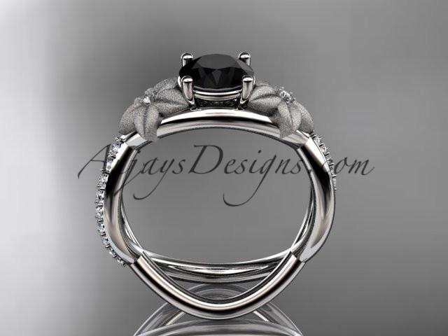 platinum diamond leaf and vine wedding ring, engagement ring with a Black Diamond stone ADLR90 - AnjaysDesigns