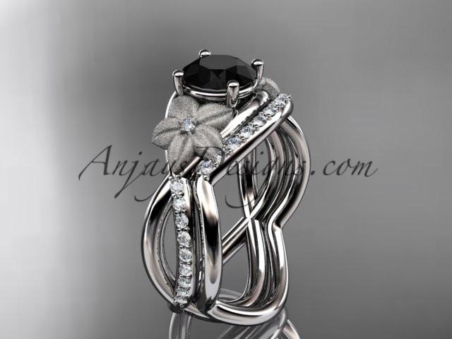 14k white gold diamond leaf and vine wedding ring, engagement set with a Black Diamond center stone ADLR90S - AnjaysDesigns