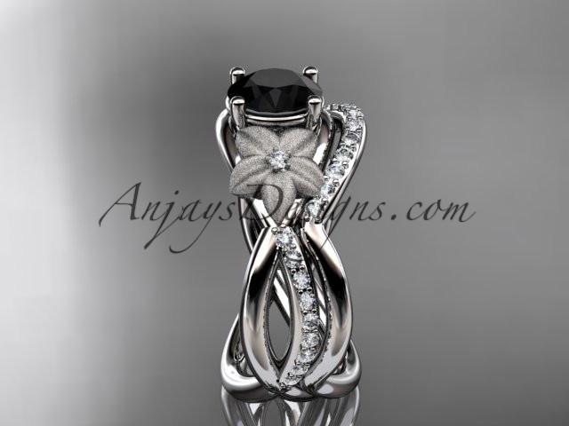 14k white gold diamond leaf and vine wedding ring, engagement set with a Black Diamond center stone ADLR90S - AnjaysDesigns