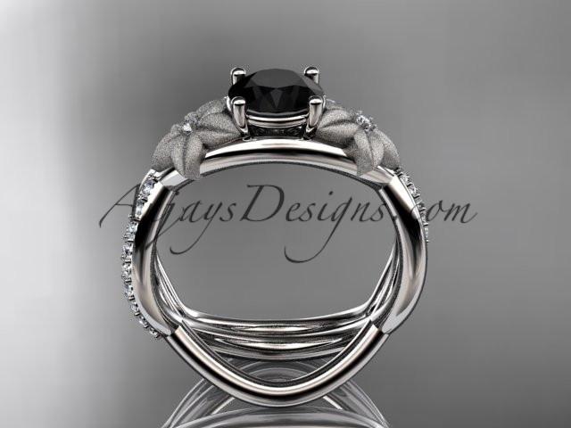 platinum diamond leaf and vine wedding ring, engagement set with a Black Diamond center stone ADLR90S - AnjaysDesigns