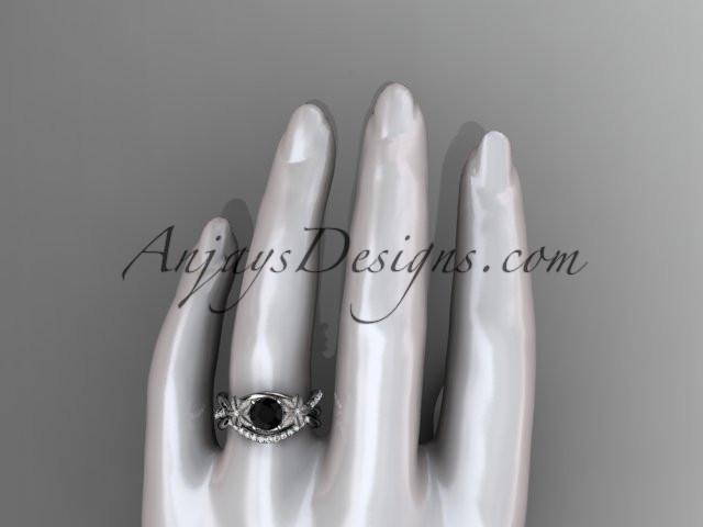 platinum diamond leaf and vine wedding ring, engagement set with a Black Diamond center stone ADLR90S - AnjaysDesigns