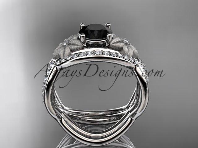 14kt white gold diamond leaf and vine wedding ring, engagement ring with Black Diamond center stone and double matching band ADLR90S - AnjaysDesigns