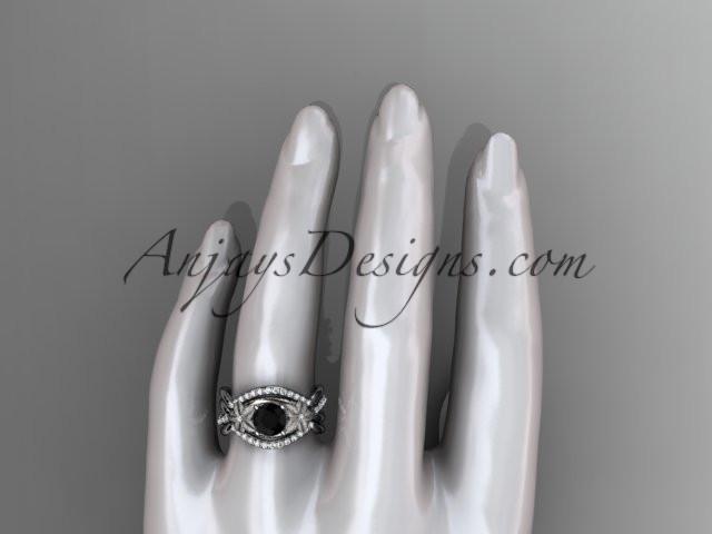 14kt white gold diamond leaf and vine wedding ring, engagement ring with Black Diamond center stone and double matching band ADLR90S - AnjaysDesigns