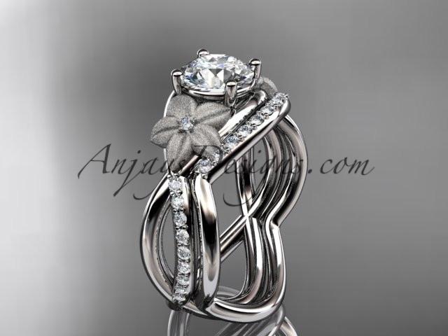 14k white gold diamond leaf and vine wedding ring, engagement set ADLR90S - AnjaysDesigns