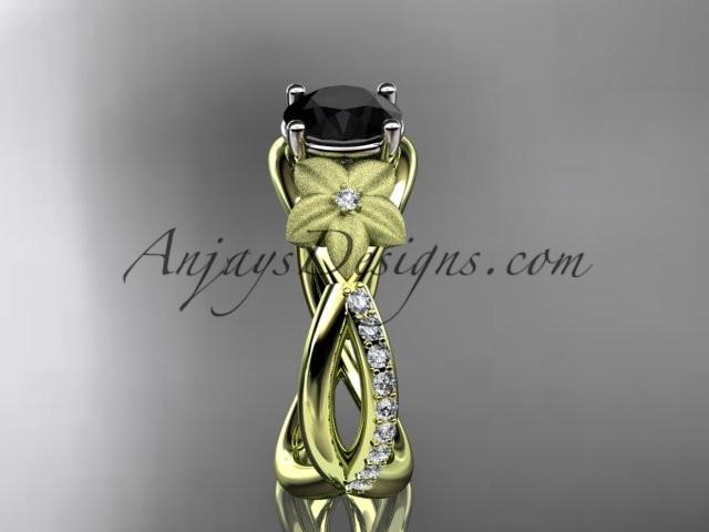 14kt yellow gold diamond leaf and vine wedding ring, engagement ring with a Black Diamond stone ADLR90 - AnjaysDesigns