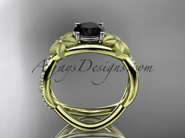 14kt yellow gold diamond leaf and vine wedding ring, engagement ring with a Black Diamond stone ADLR90 - AnjaysDesigns