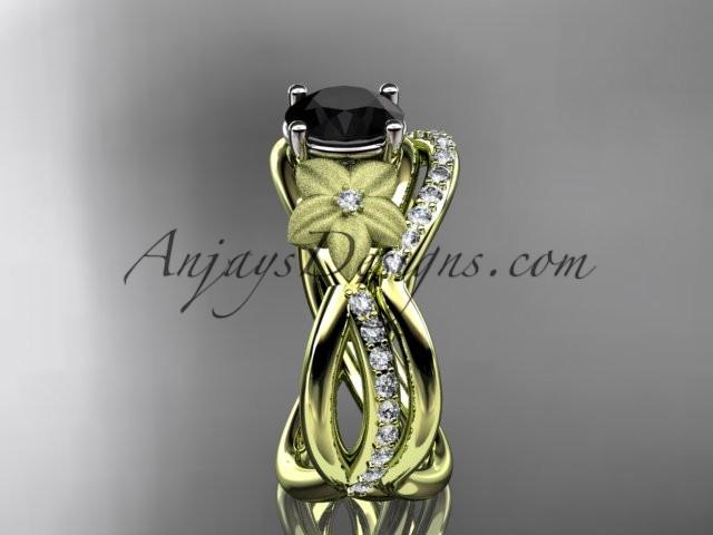 14k yellow gold diamond leaf and vine wedding ring, engagement set with a Black Diamond center stone ADLR90S - AnjaysDesigns
