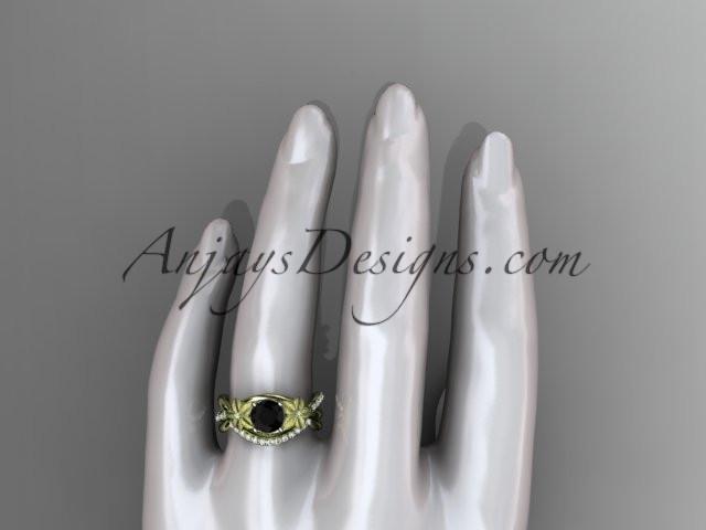 14k yellow gold diamond leaf and vine wedding ring, engagement set with a Black Diamond center stone ADLR90S - AnjaysDesigns