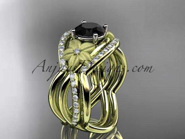 14kt yellow gold diamond leaf and vine wedding ring, engagement ring with Black Diamond center stone and double matching band ADLR90S - AnjaysDesigns