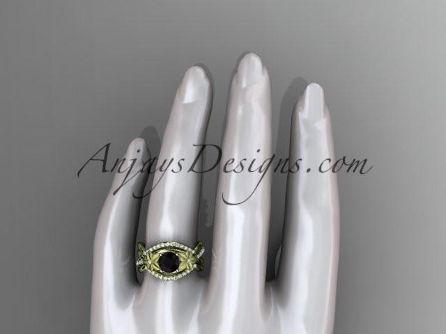 14kt yellow gold diamond leaf and vine wedding ring, engagement ring with Black Diamond center stone and double matching band ADLR90S - AnjaysDesigns