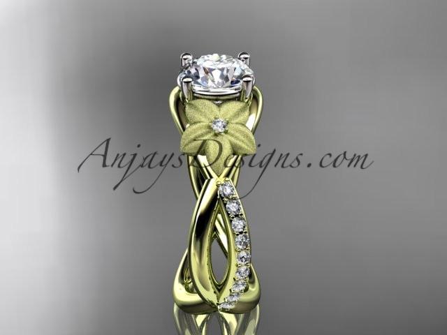 14kt yellow gold diamond leaf and vine wedding ring, engagement ring with a "Forever One" Moissanite center stone ADLR90 - AnjaysDesigns