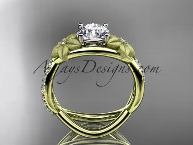 14kt yellow gold diamond leaf and vine wedding ring, engagement ring with a "Forever One" Moissanite center stone ADLR90 - AnjaysDesigns