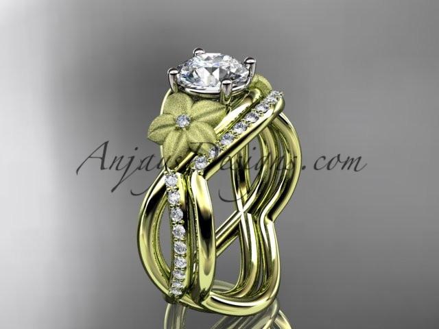 14k yellow gold diamond leaf and vine wedding ring, engagement set with a "Forever One" Moissanite center stone ADLR90S - AnjaysDesigns