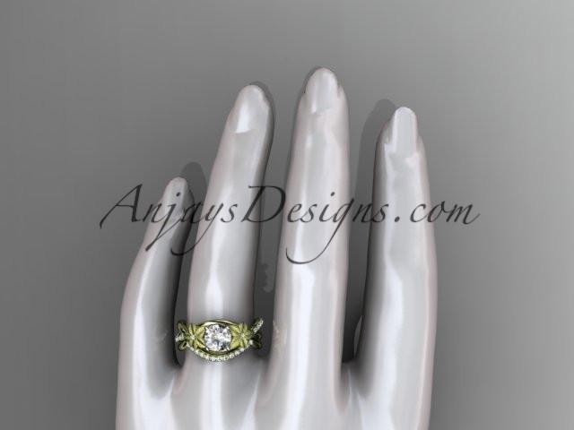 14k yellow gold diamond leaf and vine wedding ring, engagement set with a "Forever One" Moissanite center stone ADLR90S - AnjaysDesigns
