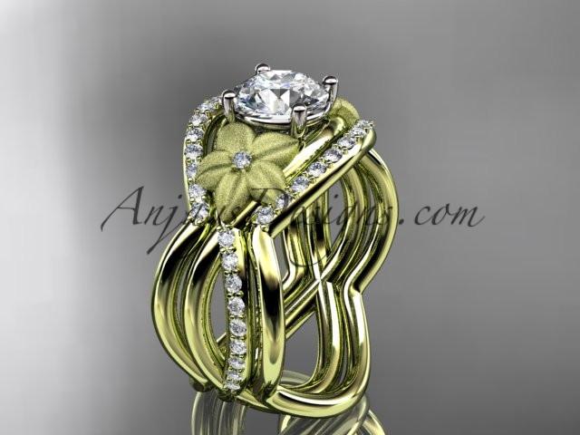 14kt yellow gold diamond leaf and vine wedding ring, engagement ring with double matching band ADLR90S - AnjaysDesigns