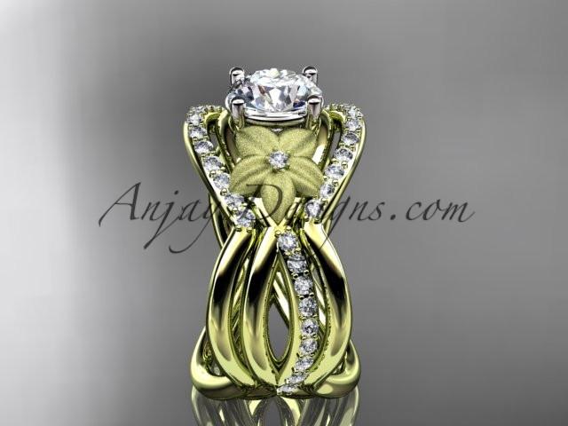 14kt yellow gold diamond leaf and vine wedding ring, engagement ring with "Forever One" Moissanite center stone and double matching band ADLR90S - AnjaysDesigns