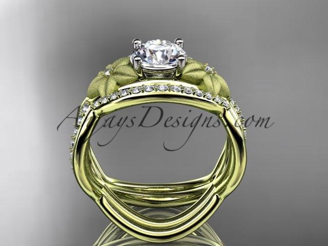 14kt yellow gold diamond leaf and vine wedding ring, engagement ring with double matching band ADLR90S - AnjaysDesigns