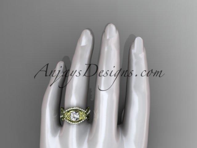14kt yellow gold diamond leaf and vine wedding ring, engagement ring with double matching band ADLR90S - AnjaysDesigns