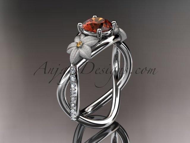 14kt white gold diamond leaf and vine birthstone ring ADLR90 Rhodolite Garnet - June\'s Birthstone. nature inspired jewelry - AnjaysDesigns
