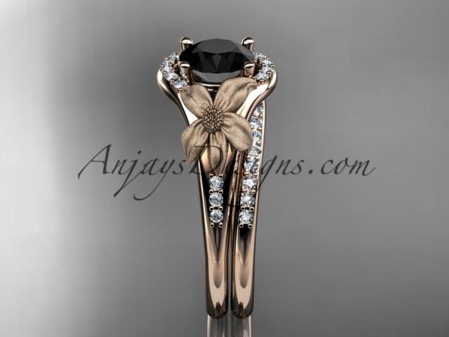 14kt rose gold diamond leaf and vine wedding ring, engagement set with a Black Diamond center stone ADLR91S - AnjaysDesigns