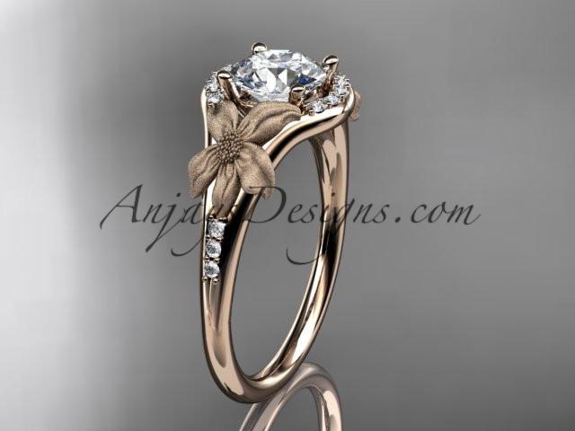 14kt rose gold diamond leaf and vine wedding ring, engagement ring with a "Forever One" Moissanite center stone ADLR91 - AnjaysDesigns
