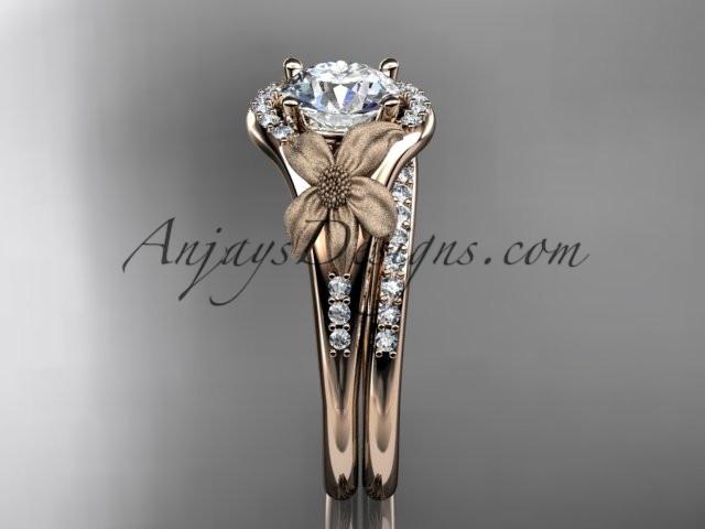 14kt rose gold diamond leaf and vine wedding ring, engagement set with a "Forever One" Moissanite center stone ADLR91S - AnjaysDesigns